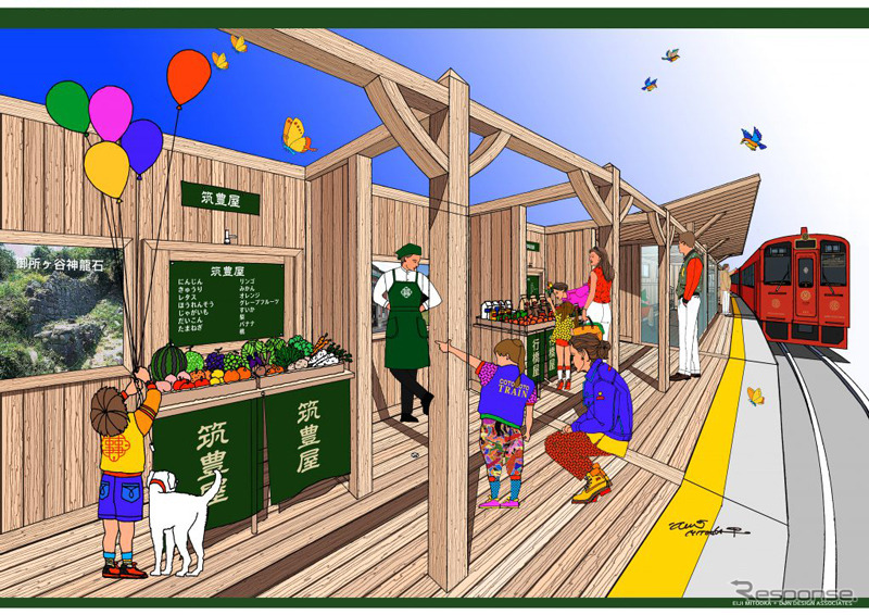 『令和コスタ行橋』駅のイメージ。デザインは3月にデビューした平成筑豊鉄道のレストラン列車『ことこと列車』を手がけた水戸岡鋭治氏。