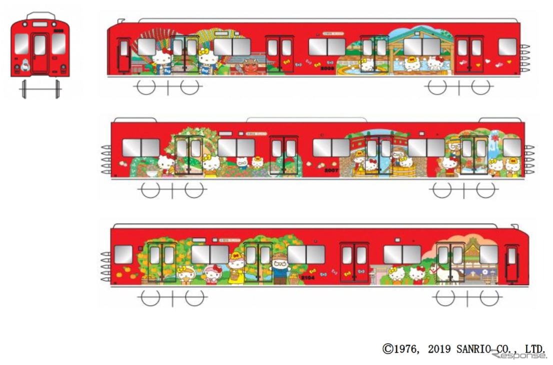 養老鉄道のハローキティラッピング電車のイメージ。桑名市の多度大社など、沿線の観光スポットもモチーフとなっている。