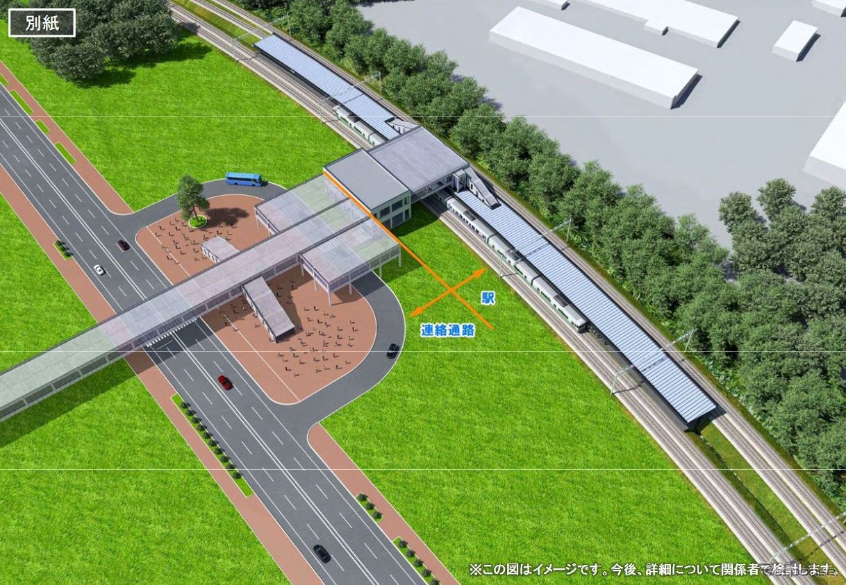 新駅の鳥瞰図。駅舎は橋上式で、BPまでは連絡通路で結ばれる模様。