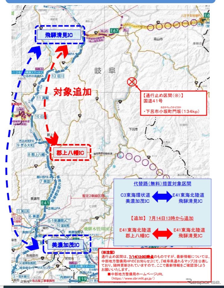 国道41号通行止めの代替路として追加で無料措置とする高速道路区間の概要