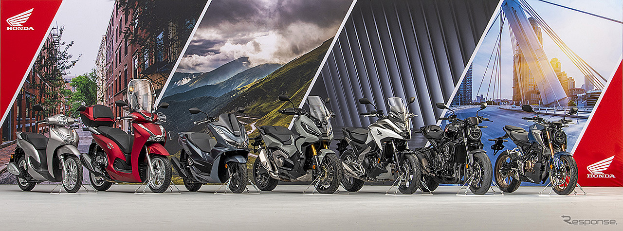 左よりSHモード、SH350i、PCX125、X-ADV、NC750X、CB1000R、CB125R