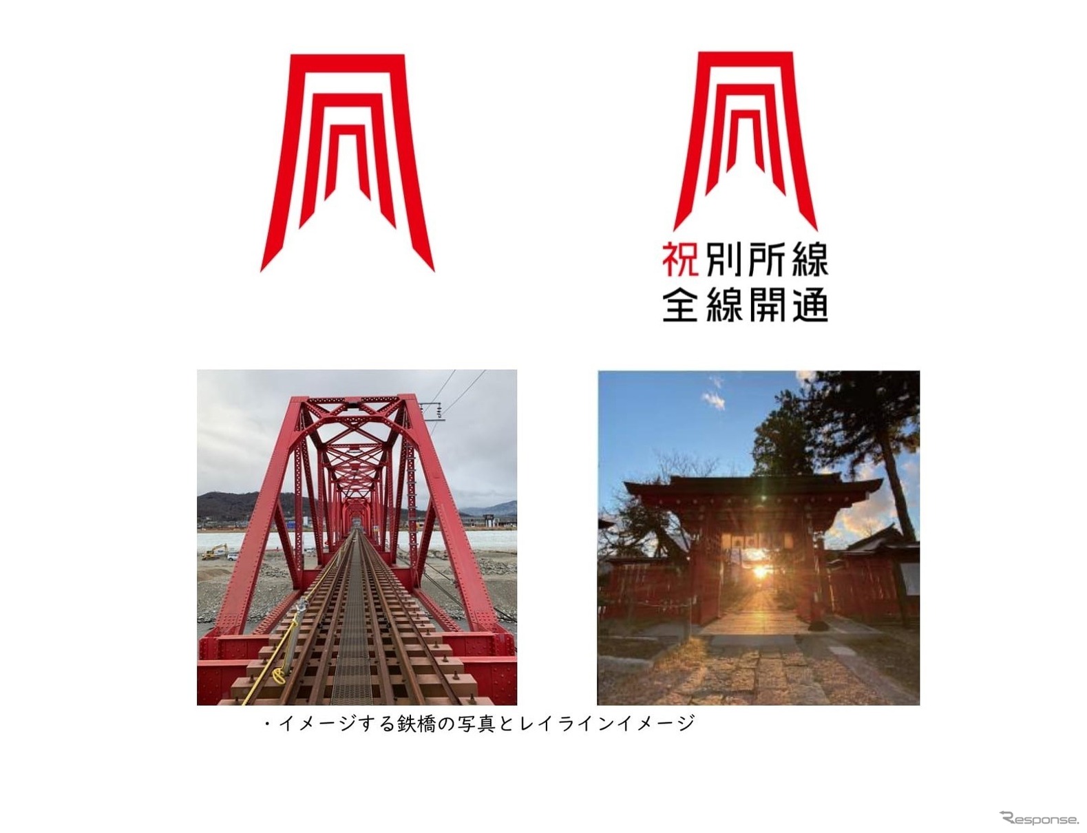 制作された千曲川橋梁全線開通ロゴ。「新しい鉄橋をくぐり抜ける先頭車両の景色を、『レイライン』を象徴する鳥居のような赤い簡潔な線でシンボル化」したとしており、末広がりの線は「別所線がこの先ずっとつづく勢い」を表現。書体は鉄橋をイメージした。