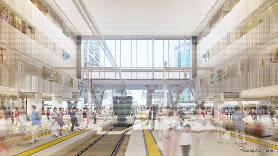 広島電鉄の路面電車が高架から乗り入れる2階広場のイメージ。
