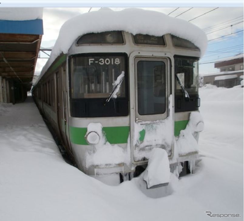 雪に埋まった721系電車。2022年2月6日、函館本線厚別駅。