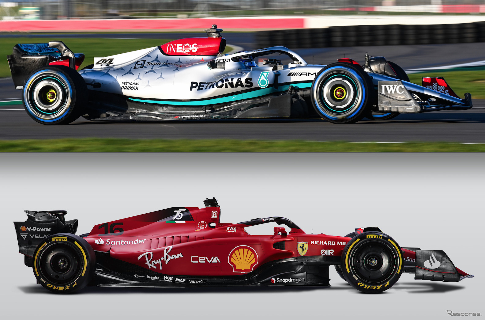 メルセデス「W13」（上）とフェラーリ「F1-75」