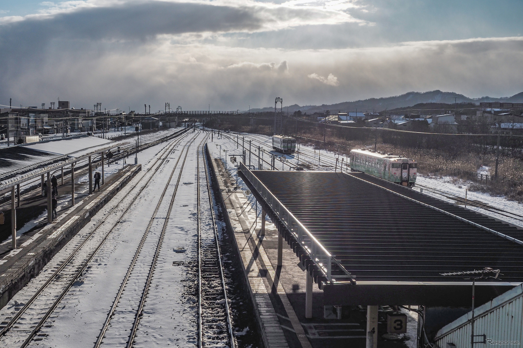 長万部駅の構内。2019年12月28日。