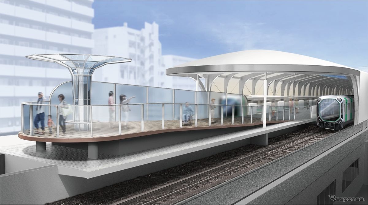 大阪メトロの駅で唯一、海を望むことができることから、「海」をコンセプトとした中央線大阪港駅。ホーム西側には海を望む展望デッキも設置され、先端には「パラソルやクジラの潮」をイメージしたシンボルも。