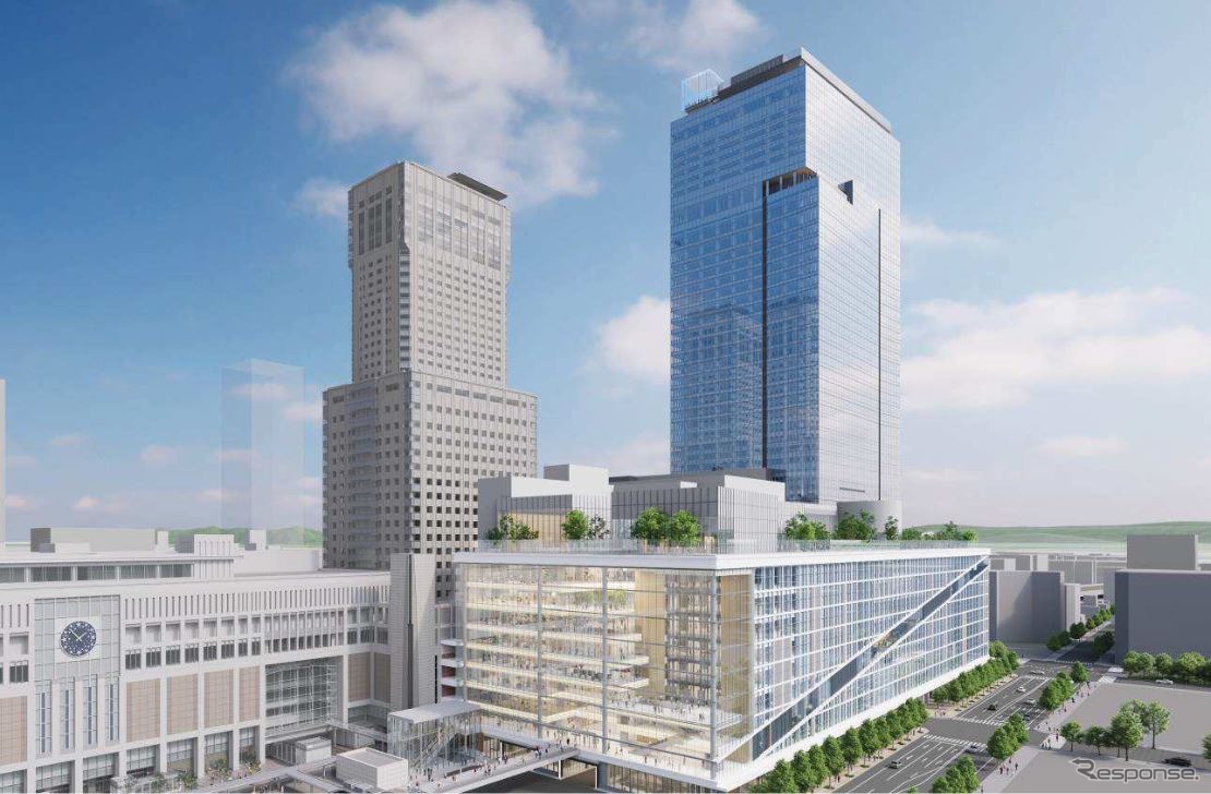 現在の札幌エスタと東側の札幌市所有地に建てられる大型高層施設のイメージ。