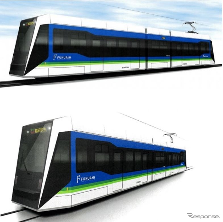 F2000形のエクステリア。超低床車のため出入口ステップを省略。VVVFインバータ制御や照明のLED化により、880形比で30%以上の消費電力削減が図られる。