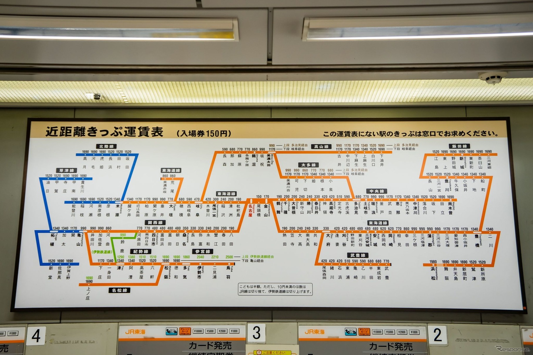 JR東海の運賃表。小委員会では当面の対応とは別に「柔軟な運賃・料金制度の実現には、鉄道事業者によるICカード等に係るシステムの見直しも必要」としている。