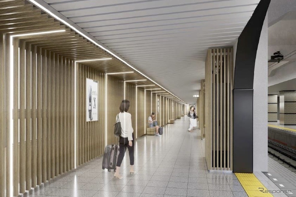 浅草駅5番ホームのリニューアルイメージ。「光の自然や荘厳さを感じさせる木目調の装飾と光の演出を多用したデザイン」とされる。