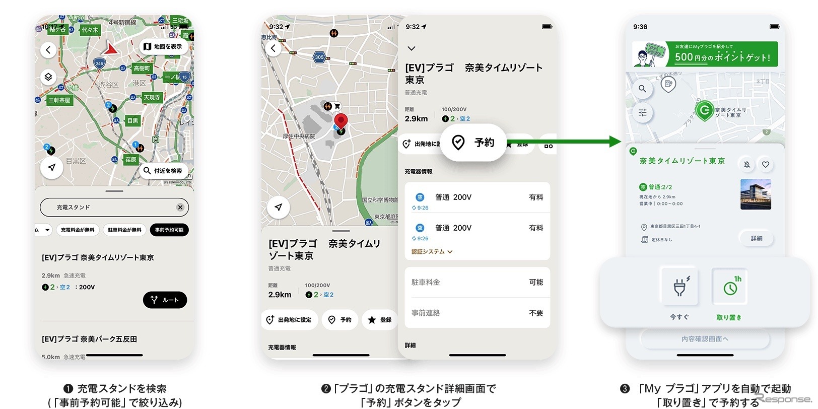 『EVカーナビby NAVITIME』からの予約操作イメージ