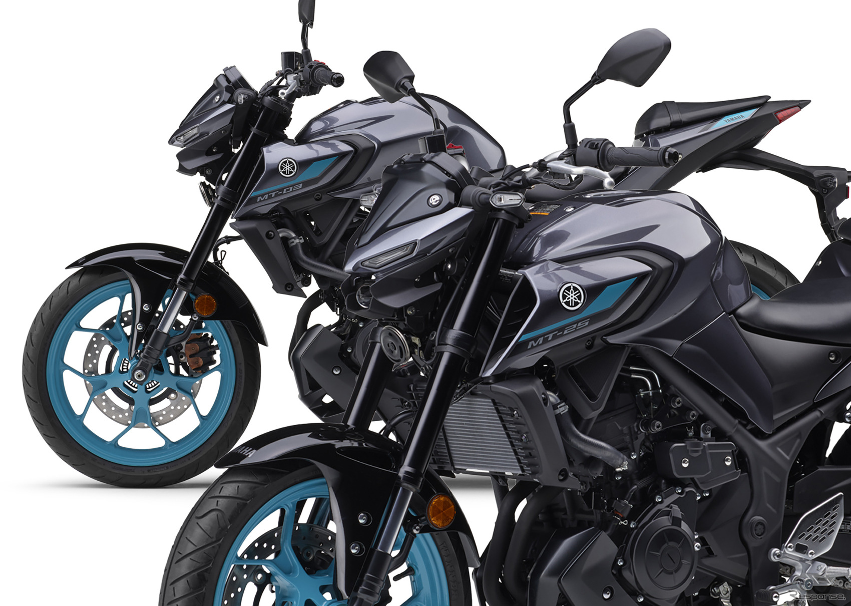ヤマハ MT-25 ABS（手前）と、MT-03 ABS（奥）の2024年モデル新色