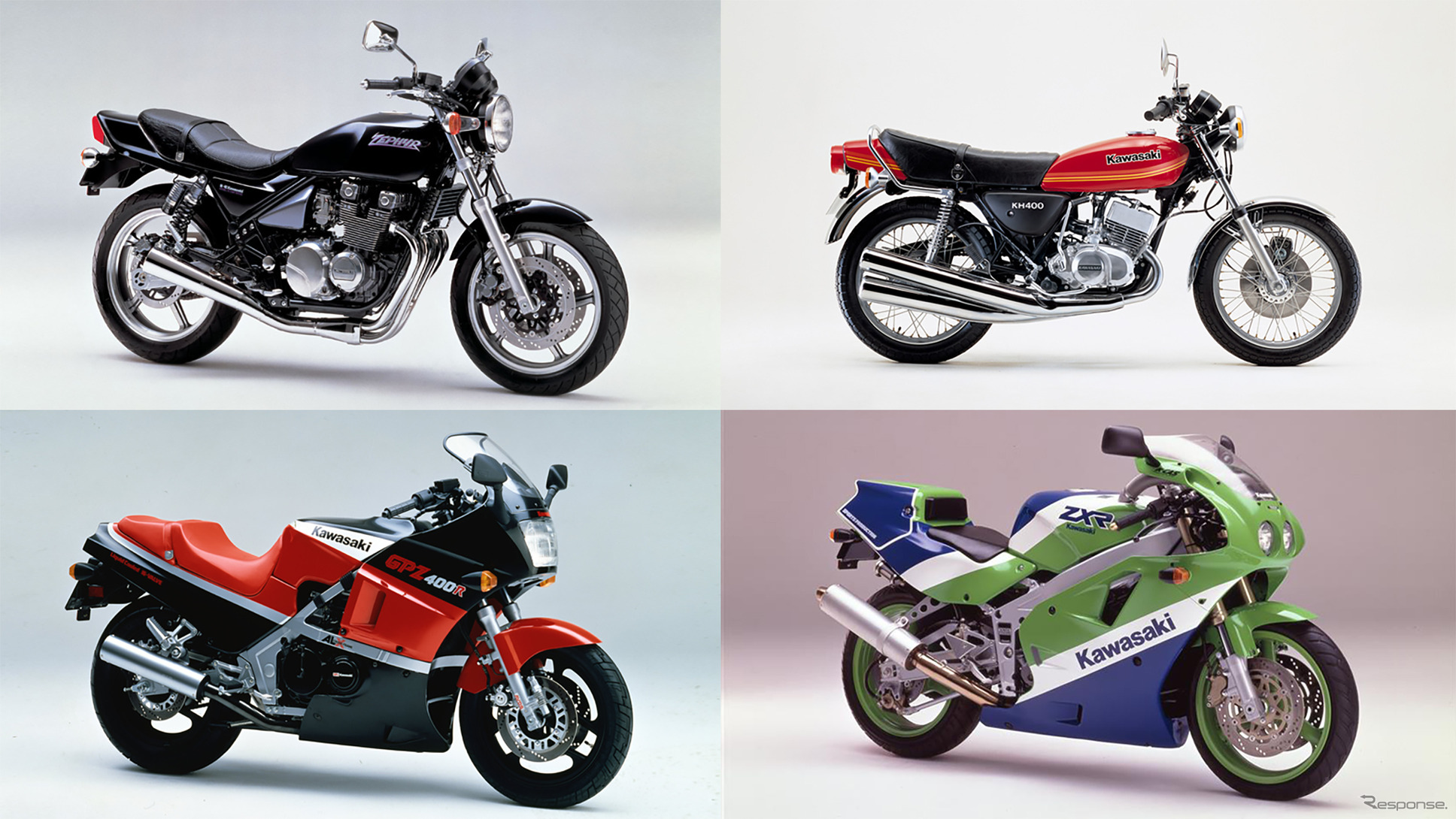 カワサキの名車たち。ZEPHYR、KH400、GPZ400R、ZXR400R。
