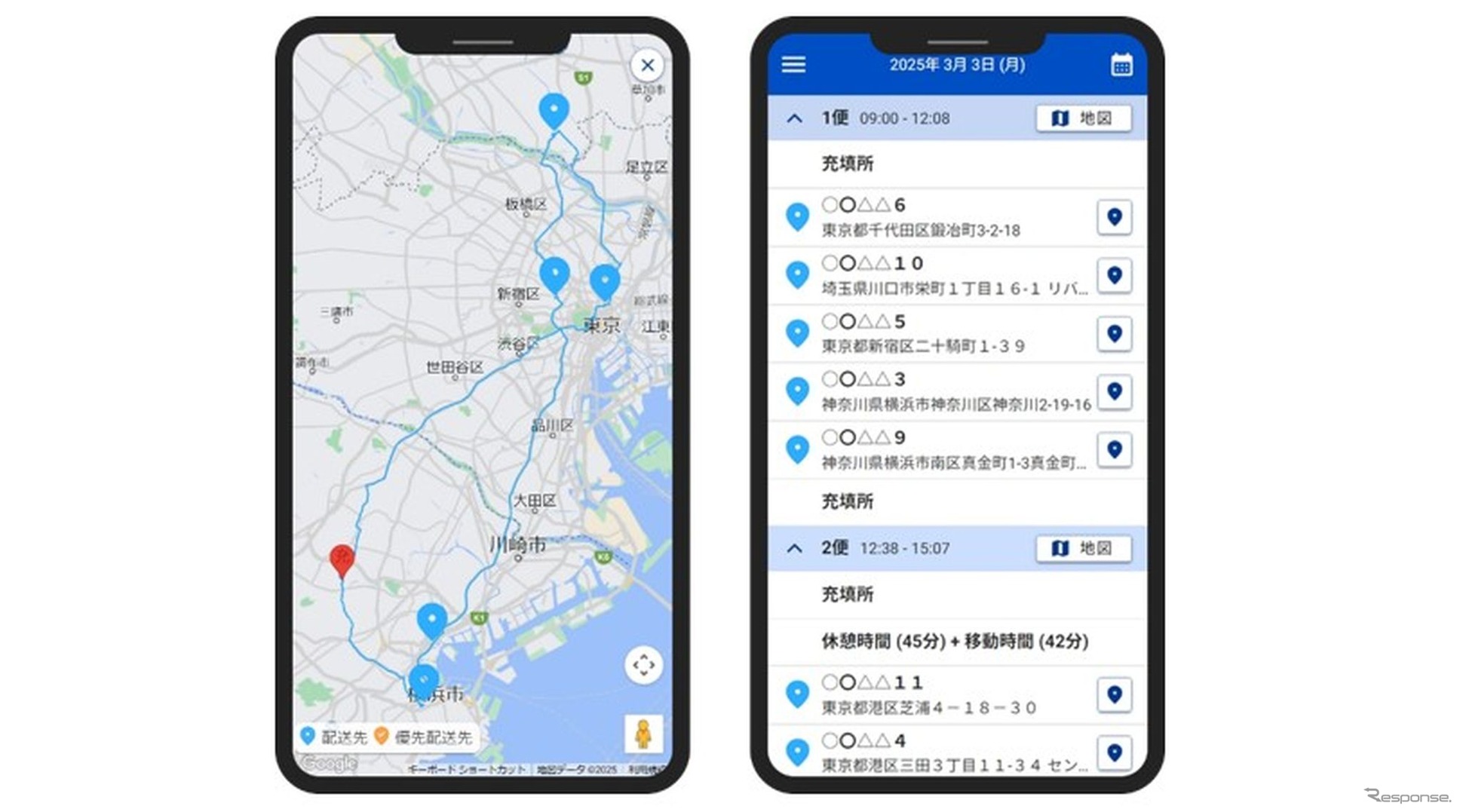 スマートフォンで見られる配送計画とルート画面