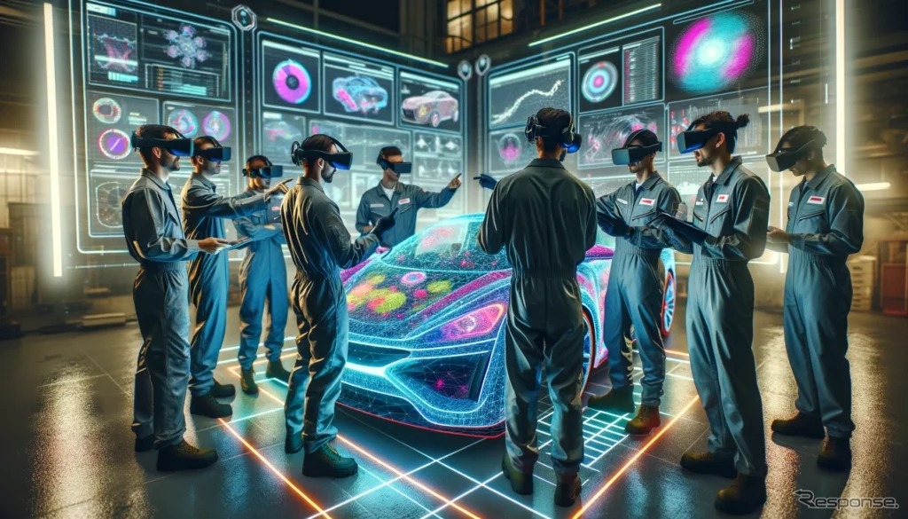 仮想空間にゼブラパターンが投影された自動車の車体を表示。リモート環境でも現場で傷などをチェックしているのと同じ状態を確認可能