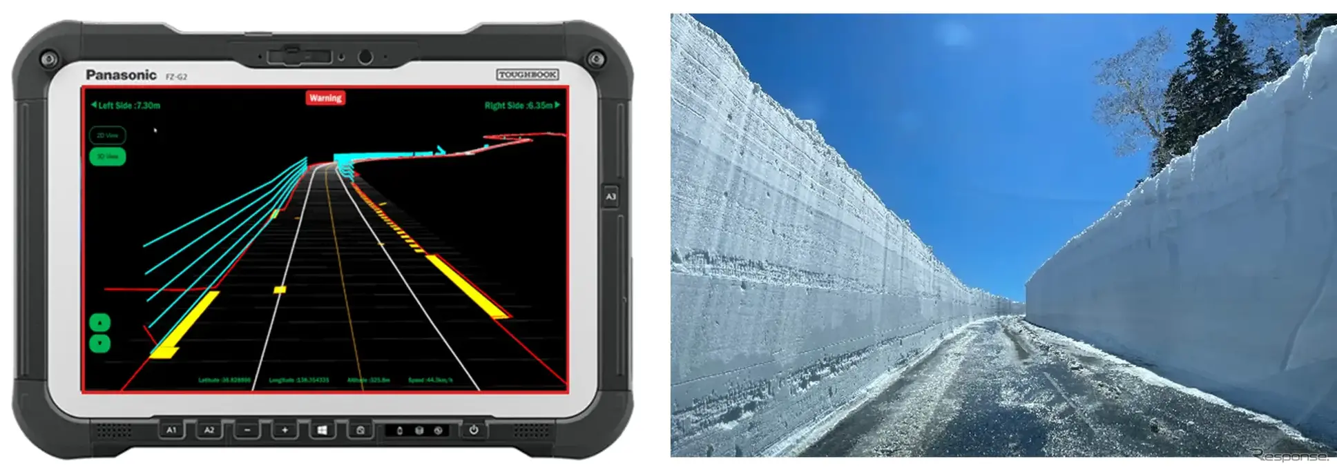 (左)除雪支援システム「SRSS」製品イメージ (右)実際の除雪現場イメージ