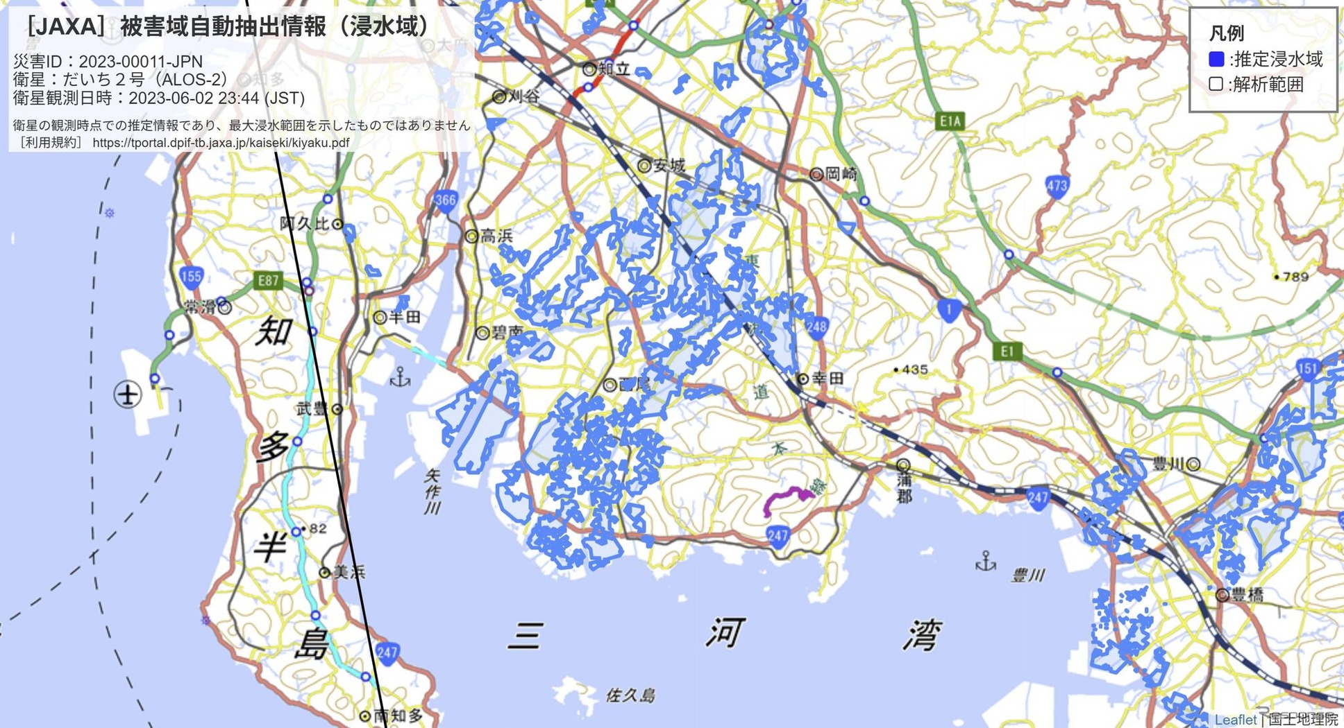JAXAが「だいち2号」で観測したデータを自動解析した浸水被害推定域