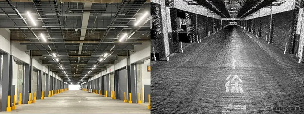 物流倉庫「東京流通センター A棟」の施設内画像と、計測車両を走行させ収集した施設内の高精度地図用点群データ