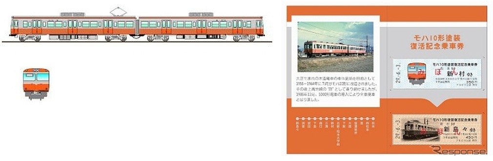 上高地線で運行される旧塗装のラッピング列車（左）。記念切符（右）も発売される。