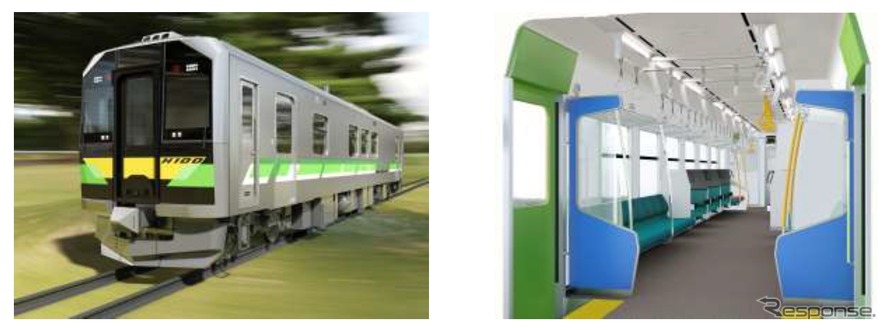 JR北海道H100形「DECMO」のイメージ（左：外観、右、車内）。2018年2月に量産先行車2両が完成する。