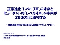 【ビデオ&PDF資料：飛び出せ！ミライのクルマ!!】自動車販売ビジネスモデル崩壊のカウントダウン。正常進化”レベル３自動運転”の未来とミュータント的”レベル４自動運転”の未来が２０３０年に激突する…インテル野辺継男氏 画像