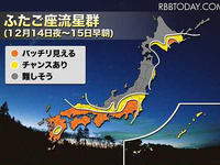 今夜はふたご座流星群がピーク、よく見えるのはどこ？ 画像