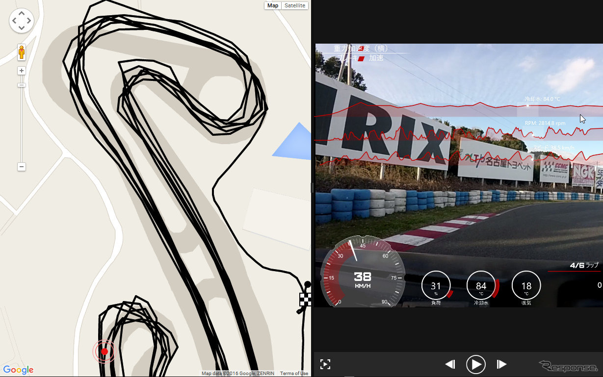 走行したコースをGoogleマップに重ねて表示することもできる。これでサーキットのライン取りも確認できるか？ と思ったが、それは無理だった。GPSによる測位を1秒に10回くらい実行すれば精度が上がるはずなので、改良してほしいところだ。