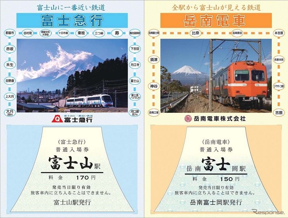 富士急行と岳南電車が共同で発売する「富士山の日記念切符」のイメージ（中面）。