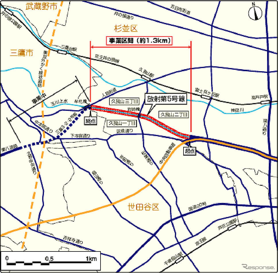 玉川上水の両脇に整備される「放射第5号線」。完成すると、甲州街道と東八道路が結ばれる。完成は2018年春を予定