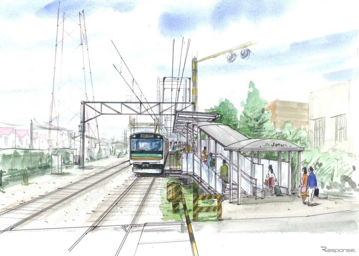 小田栄駅のイメージ。来年3月の開業に向けて工事が進められる。