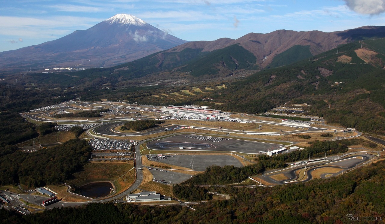 富士スピードウェイの全景。西ゲートは写真左奥（最終コーナー）の方向に位置する。