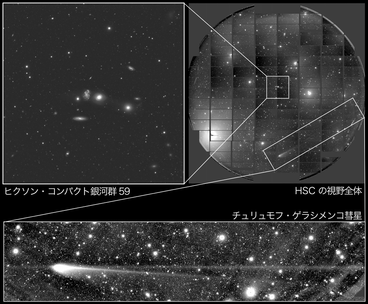 HSC の視野全体（右上）の中央付近に写る元々の観測対象 HCG 59（左上に拡大図） と端に写り込んだチュリュモフ・ゲラシメンコ彗星（下に拡大図）の位置関係