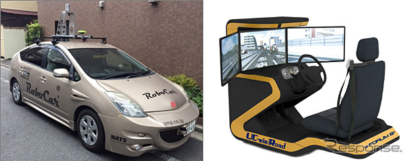 左：RoboTestで利用する計測車両の例／右：フォーラムエイトのドライブシミュレータ