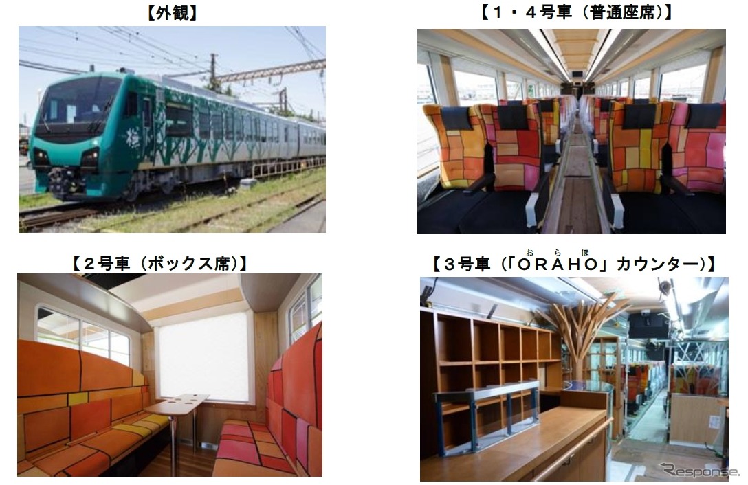 新型「ブナ」編成の外観と各車両の車内。3号車カウンター「ORAHO（おらほ）」では五能線沿線の地酒やコーヒーを販売する。