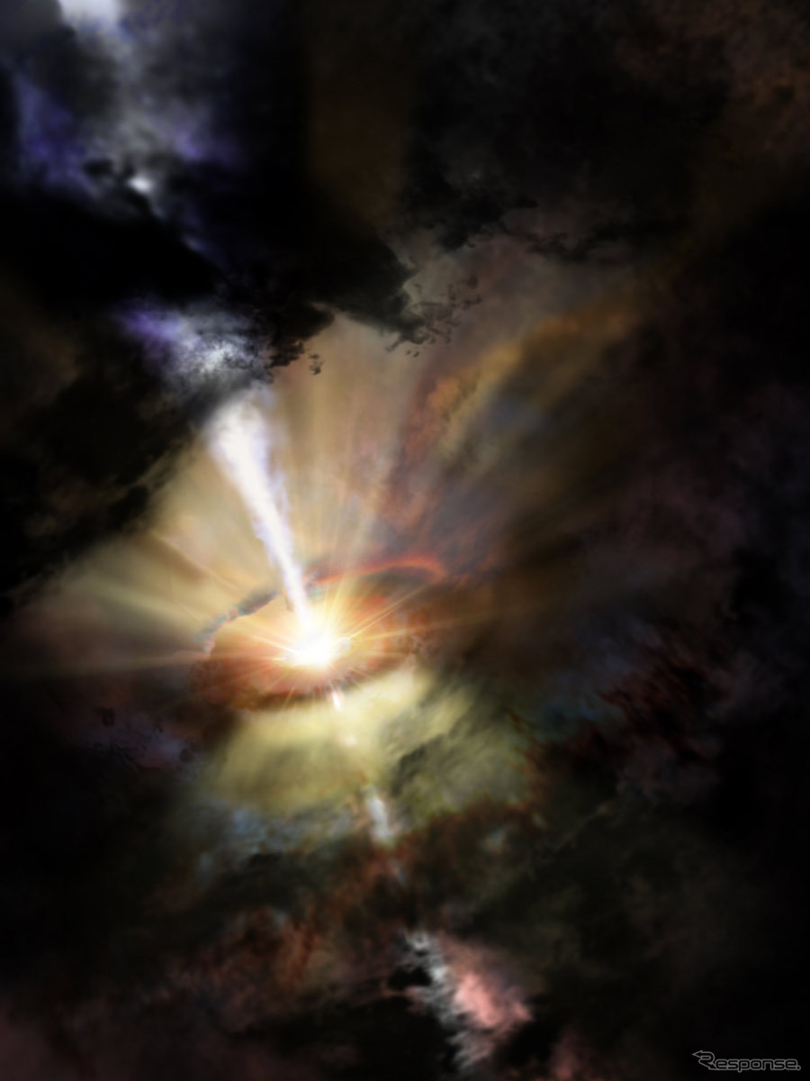 巨大楕円銀河の中心に位置する超巨大ブラックホールの想像図