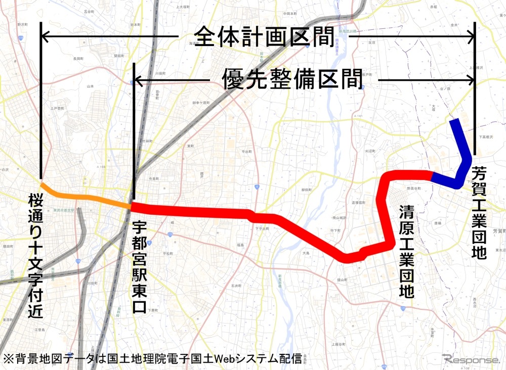 宇都宮ライトレールの路線図。宇都宮駅東口から芳賀工業団地までを優先整備区間として2019年12月までの開業を目指している。
