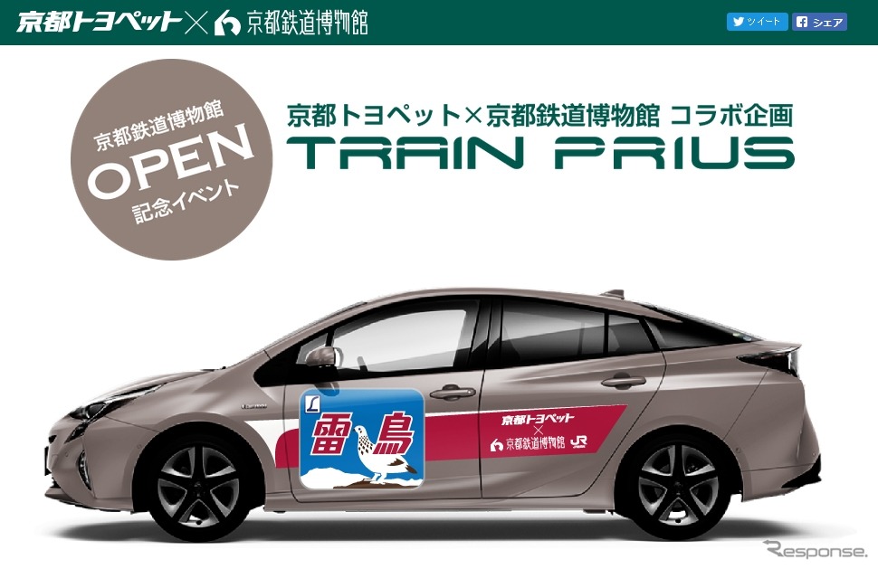 トレインマークで装飾した「トレインプリウス」の展示が京都鉄道博物館の車両工場で行われる。画像は京都鉄道博物館のオープンにあわせて開設された「トレインプリウス」のウェブサイト。