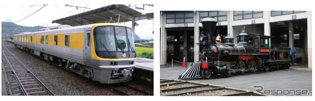 「トレインプリウス」のほか「ドクターWEST」（左）や「義経」（右）も車両工場で展示される。