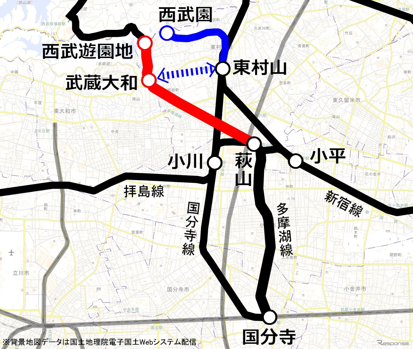 西武多摩湖線の運休区間（赤）。8月27日からバスによる代行輸送（青点線）が増強された。