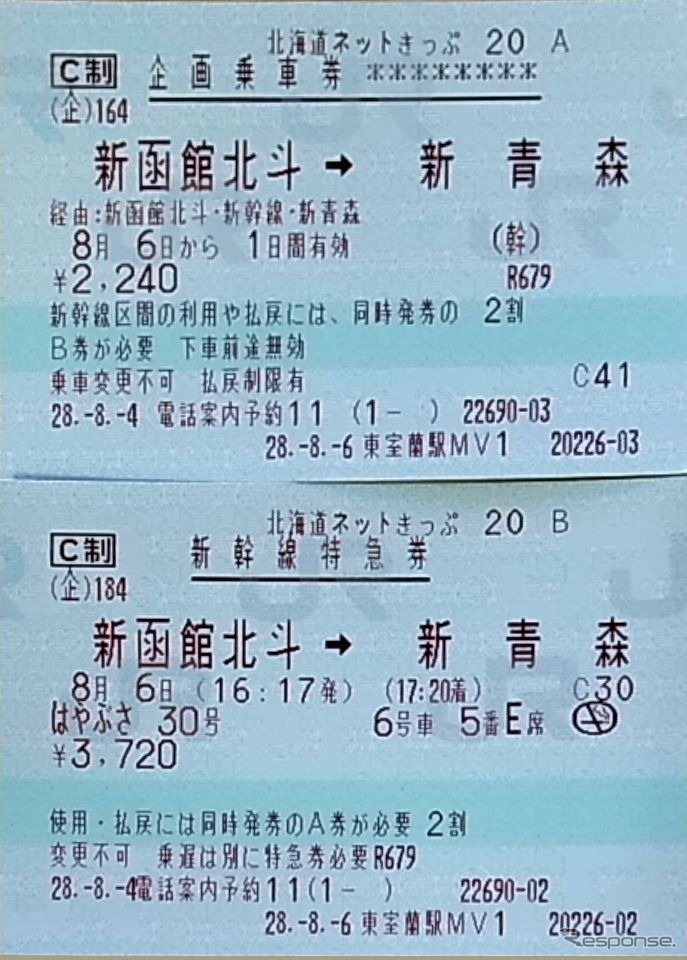 購入した「北海道ネットきっぷ」。乗車券部分と特急券部分が別々に発券された。