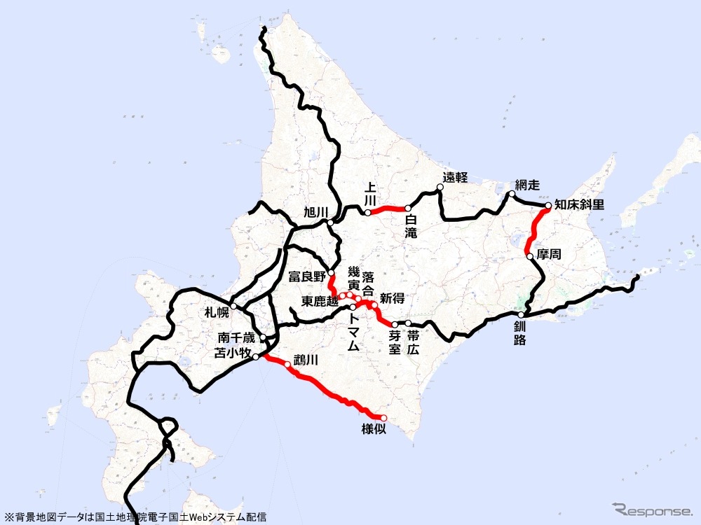 JR北海道の鉄道路線。運休中の区間（赤）は約390kmに及ぶ。