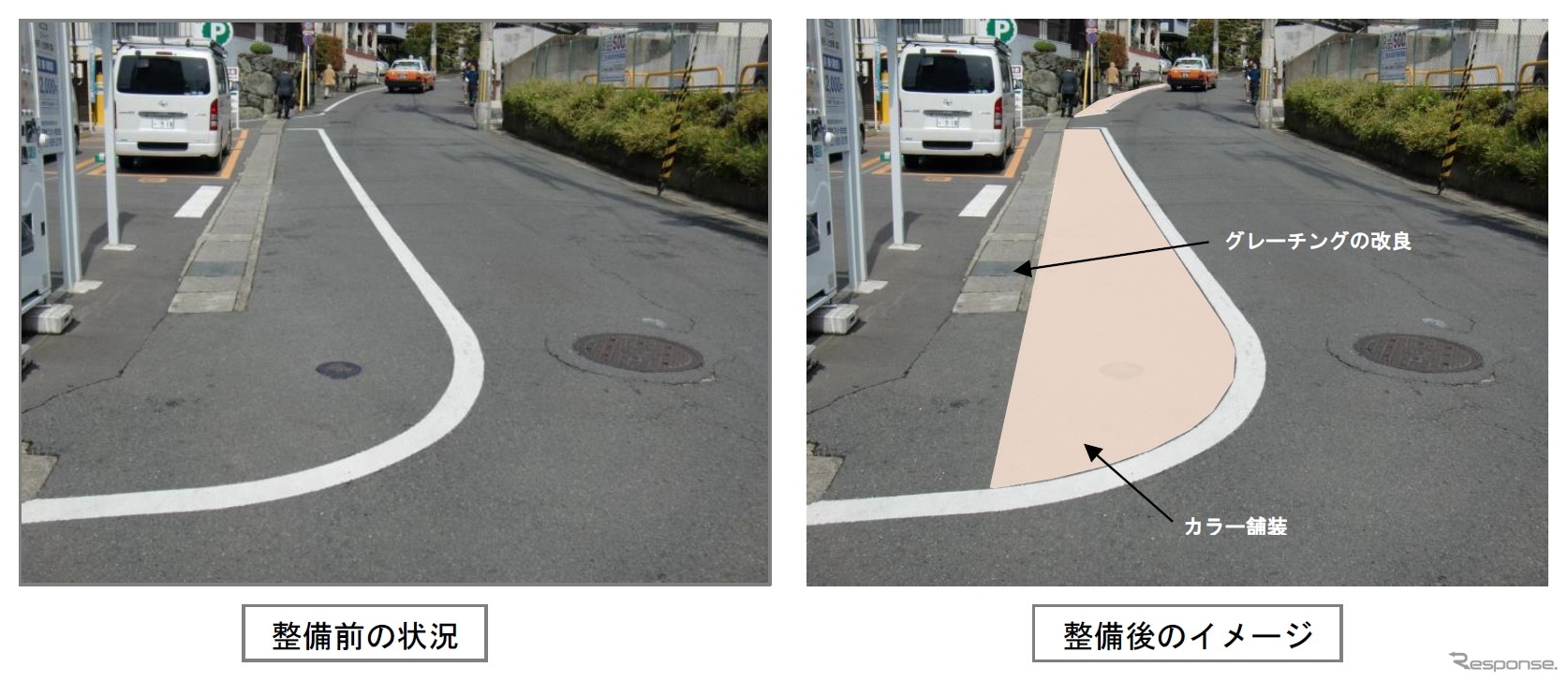 京福撮影所前駅とJR太秦駅を結ぶ道路（左）と改良後（右）のイメージ。路側帯をカラー舗装する。
