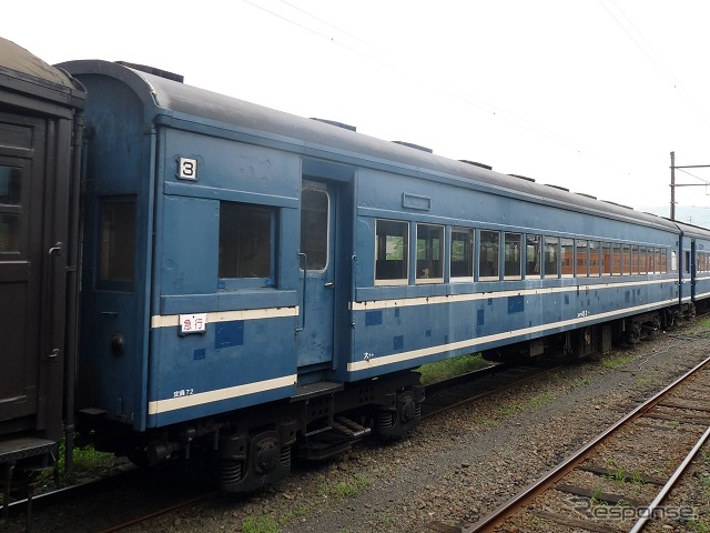 日本ナショナルトラスト保有の客車3両は引き続き大井川鐵道のSL列車『かわね路号』に連結して使用される。写真はスハフ43 3。