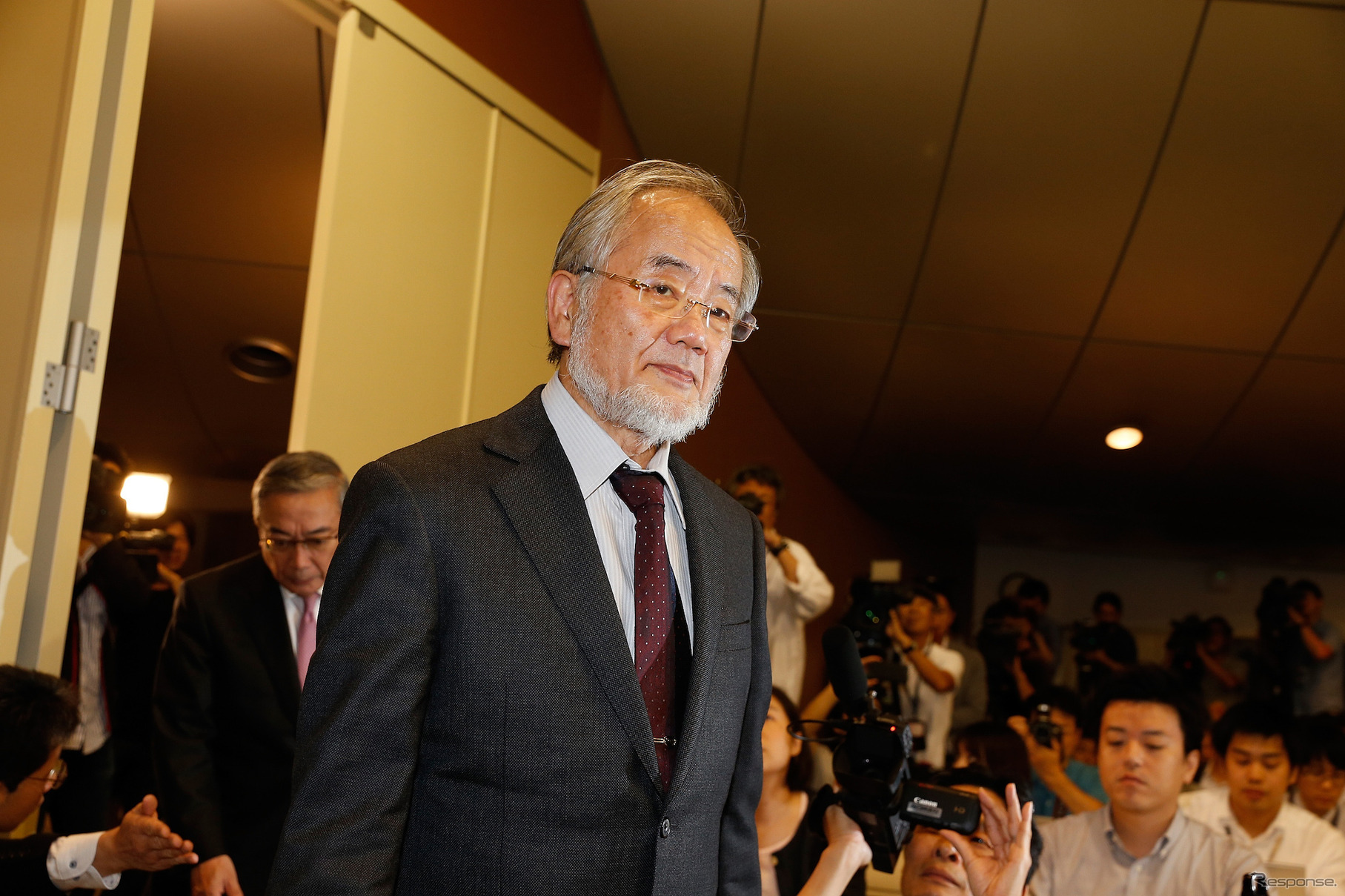 ノーベル賞受賞の大隅良典博士（10月3日の記者会見）　(c) Getty Images