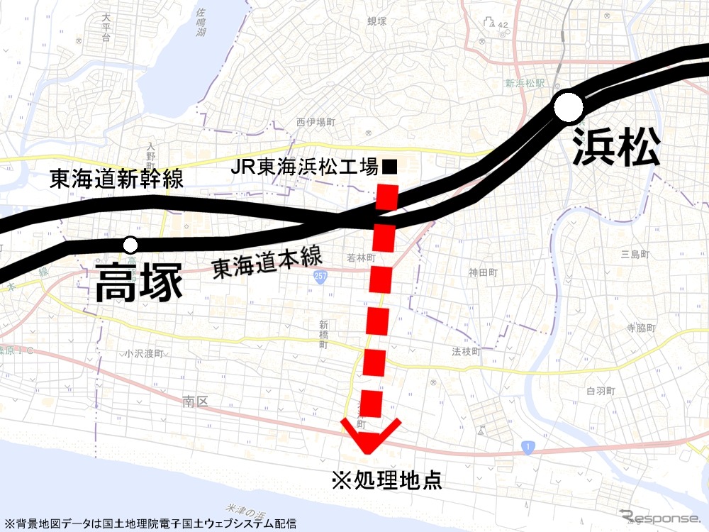 浜松工場で発見された不発弾は遠州灘海岸で処理される予定。移送経路と交差する東海道新幹線と東海道本線が一時運休になる。