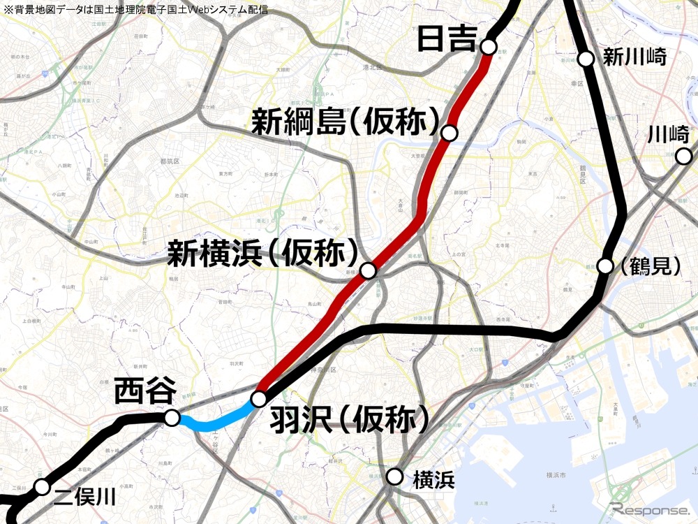 神奈川東部方面線は相鉄・JR直通線（青）と相鉄・東急直通線（赤）で構成される。