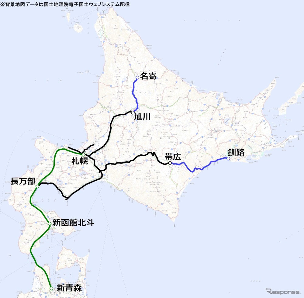 北海道高速鉄道開発が関わる線区（青）を含む維持可能路線のみ残り、北海道新幹線（緑）の札幌開業と並行在来線の経営分離（2030年度末）が実施された場合のJR北海道の路線図。15年後には営業距離が現在の半分以下になる可能性もある。