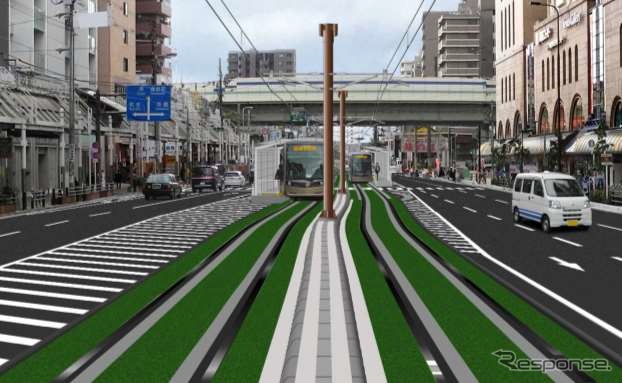 移設される天王寺駅前～阿倍野間の軌道のイメージ。関西初の芝生軌道が導入される。