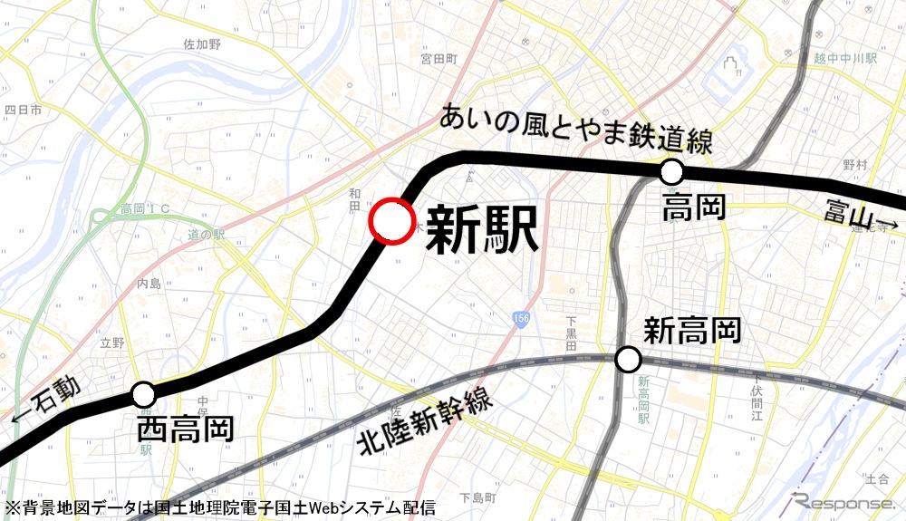 高岡～西高岡間の新駅の位置。2018年春の開業が予定されている。